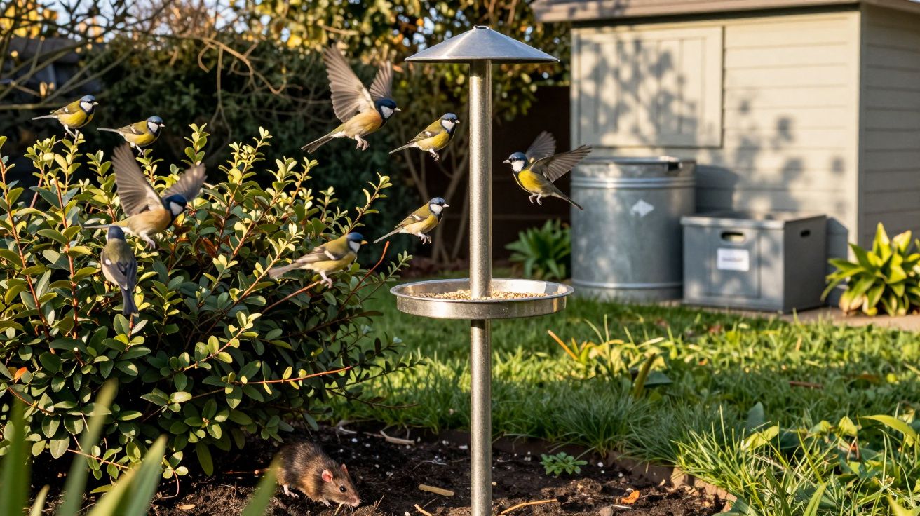 Vários pássaros coloridos voam perto de um comedouro num jardim; um rato está no chão embaixo.