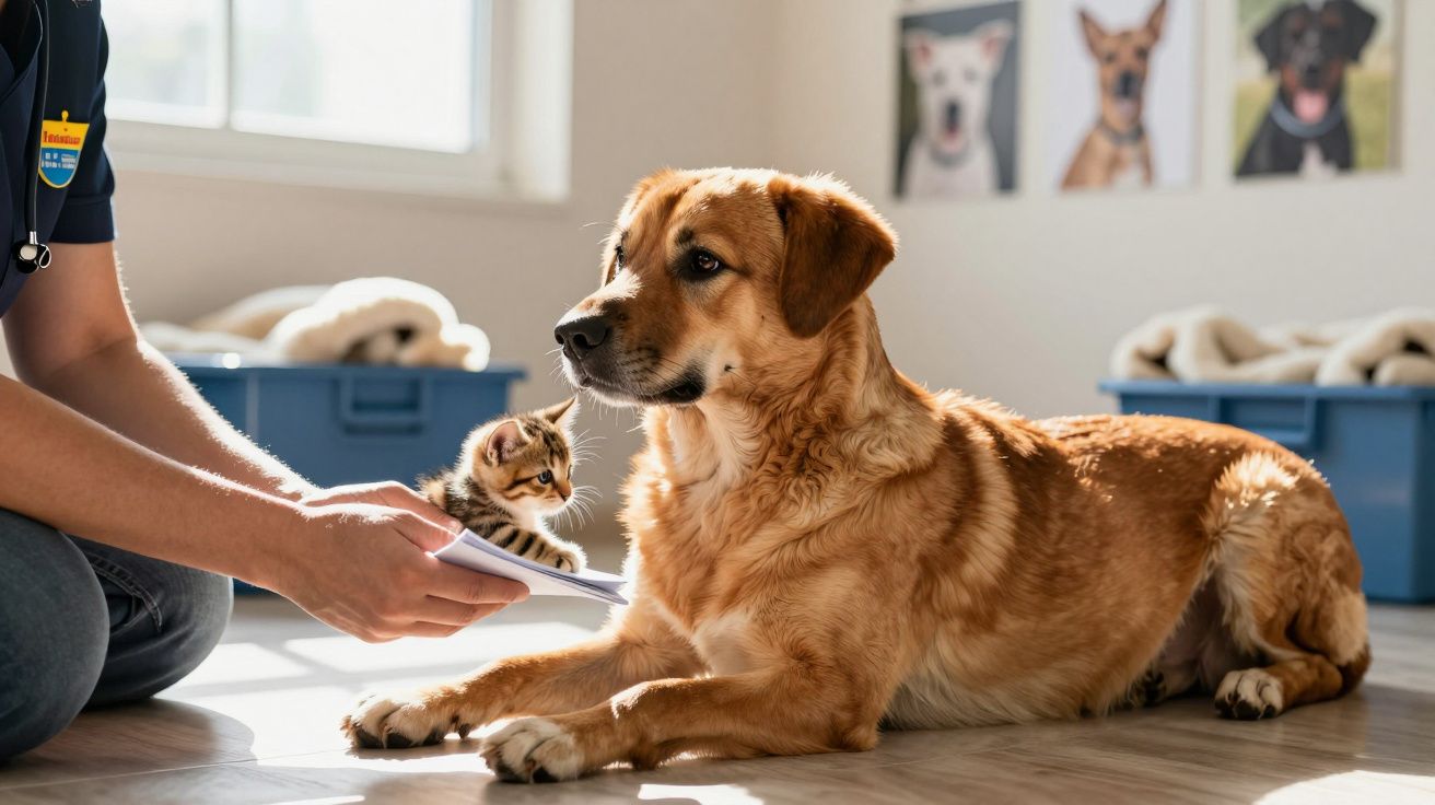 Veterinário com cão e gato num consultório iluminado, com fotos de animais na parede ao fundo.