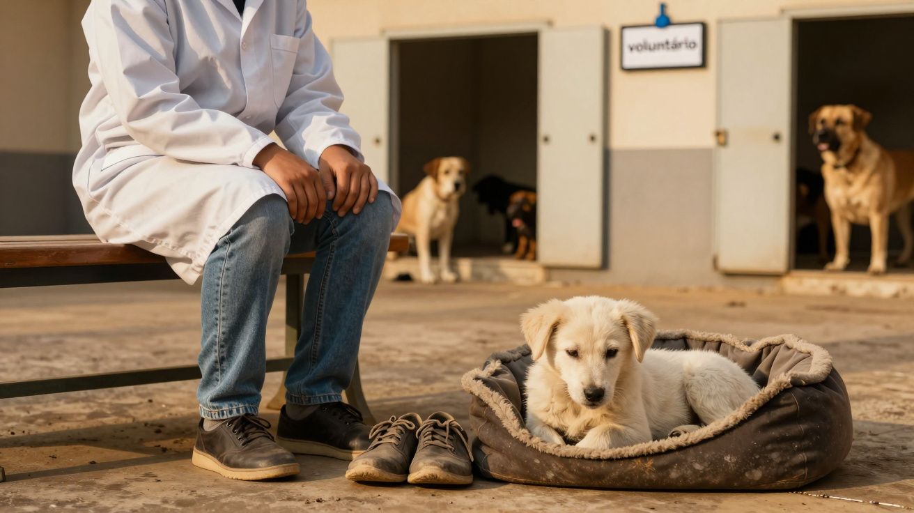 Pessoa sentada em banco com bata branca perto de cão deitado em cama para animais num abrigo.