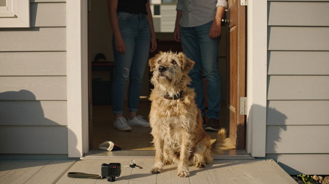 Cão castanho sentado na soleira de uma porta com duas pessoas ao fundo e uma câmara diante dele.