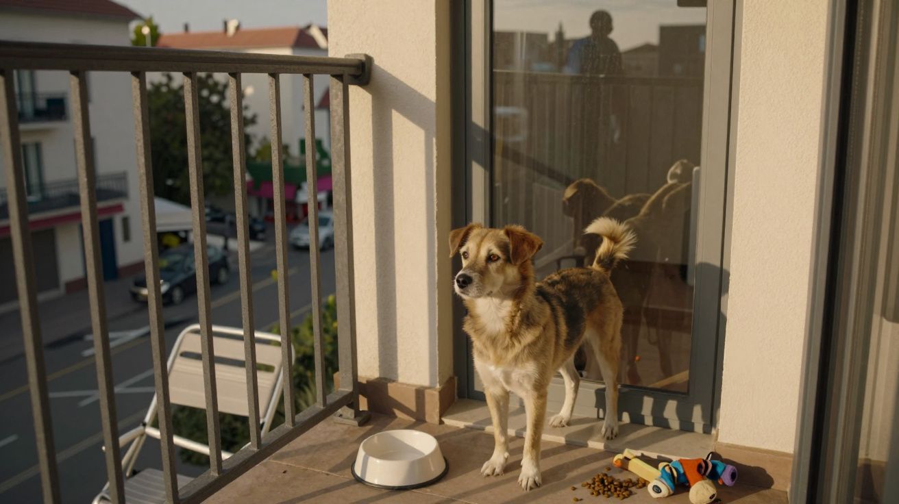 Cão castanho e branco com brinquedos e comedouro num terraço urbano ao pôr do sol.