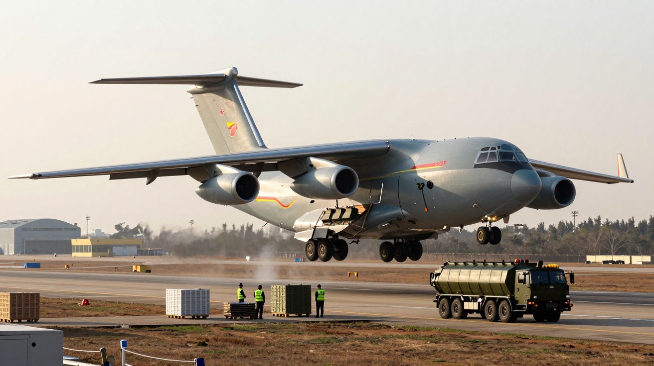 Avião militar de transporte a descolar numa pista com pessoas e viatura militar em primeiro plano.