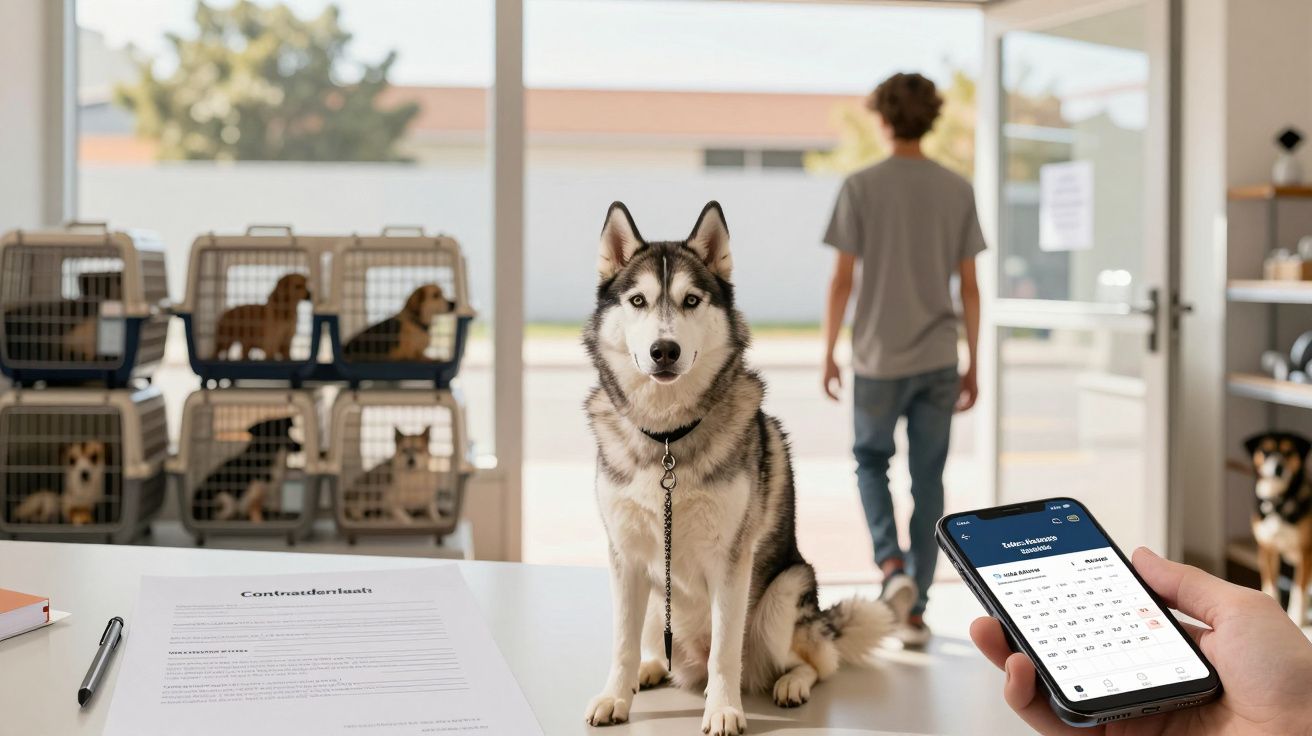 Cão Husky sentado sobre balcão em clínica veterinária com cliente a sair e celular a mostrar calendário.