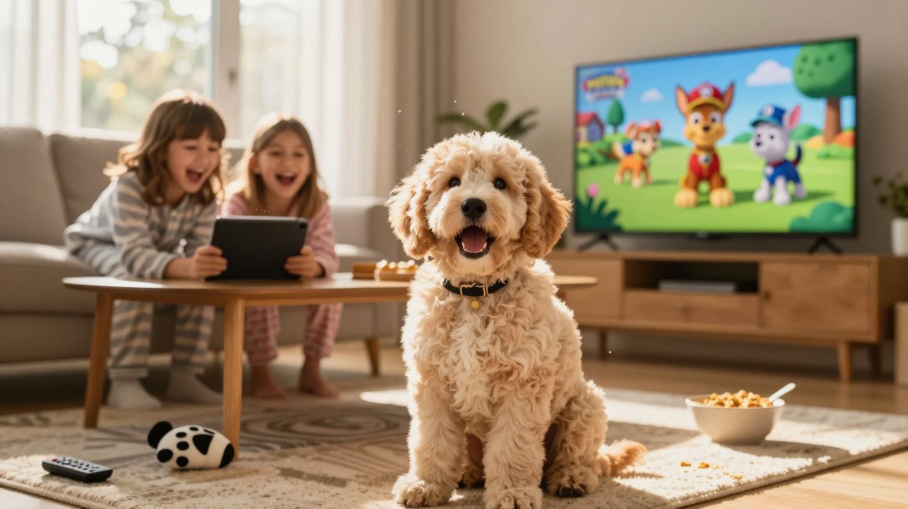 Cão feliz sentado no tapete com duas crianças sorridentes a jogar num tablet na sala de estar.