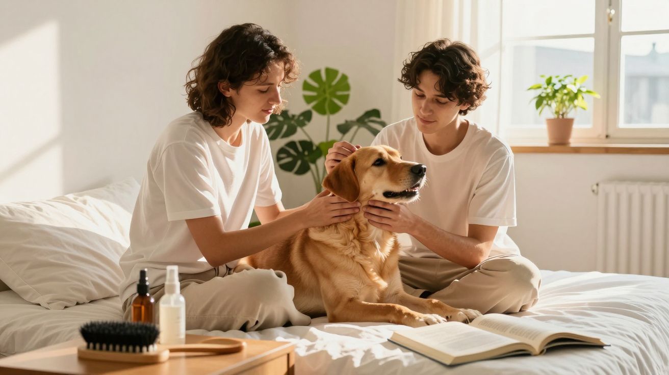 Duas pessoas sentadas numa cama a afagar um cão de raça golden retriever, com livro aberto à frente.