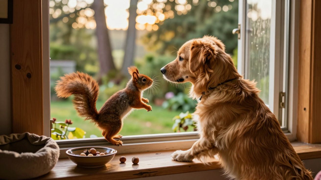 Cão dourado e esquilo encontram-se frente a frente numa janela com vista para jardim ao pôr do sol.