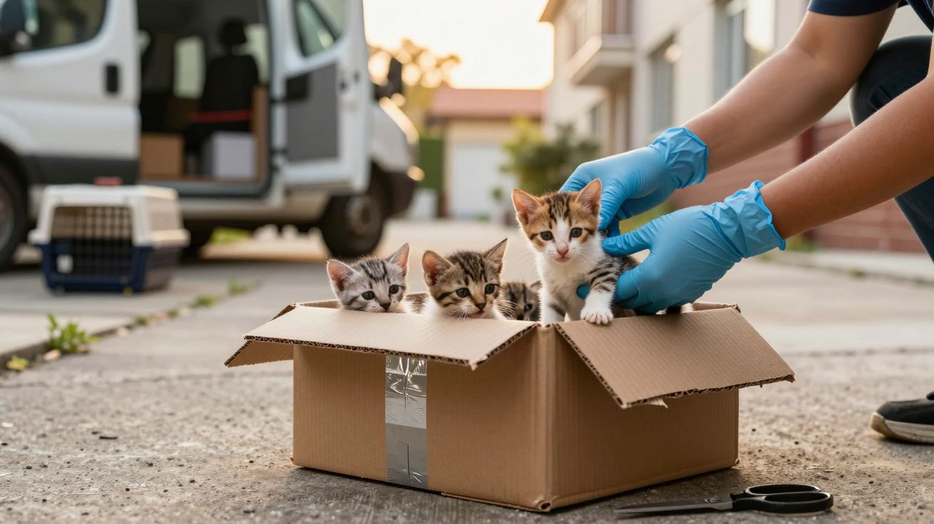 Três gatinhos dentro de uma caixa de cartão numa rua, com uma pessoa a segurá-los usando luvas azuis.