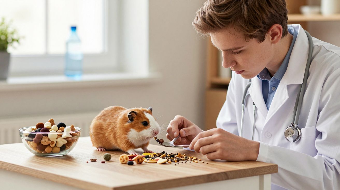 Veterinário a alimentar porquinho-da-índia com sementes e petiscos numa mesa clara.