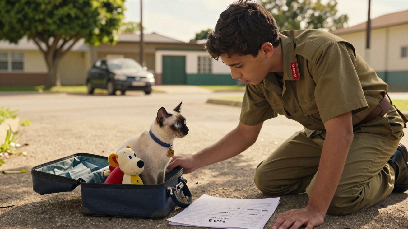 Rapaz em uniforme militar acaricia gato azul point numa mala aberta ao ar livre, com caderno no chão.