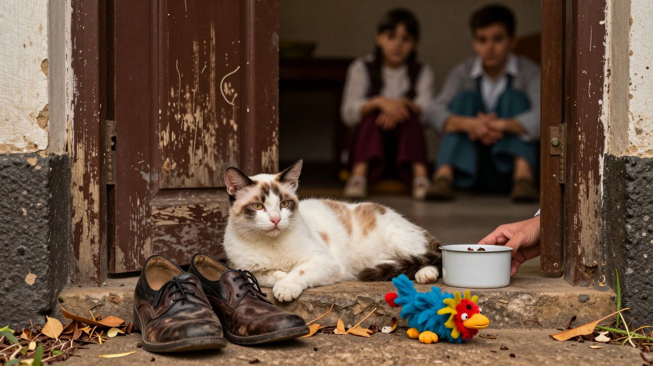 Gato branco e castanho deitado à porta com dois sapatos, brinquedo e pessoa a oferecer comida; crianças ao fundo.