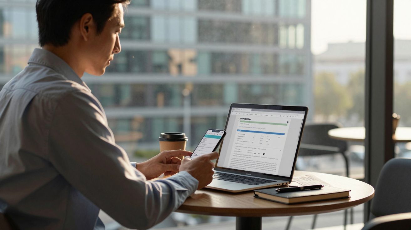Homem a usar telemóvel e computador portátil numa mesa redonda com caderno e café num escritório moderno.