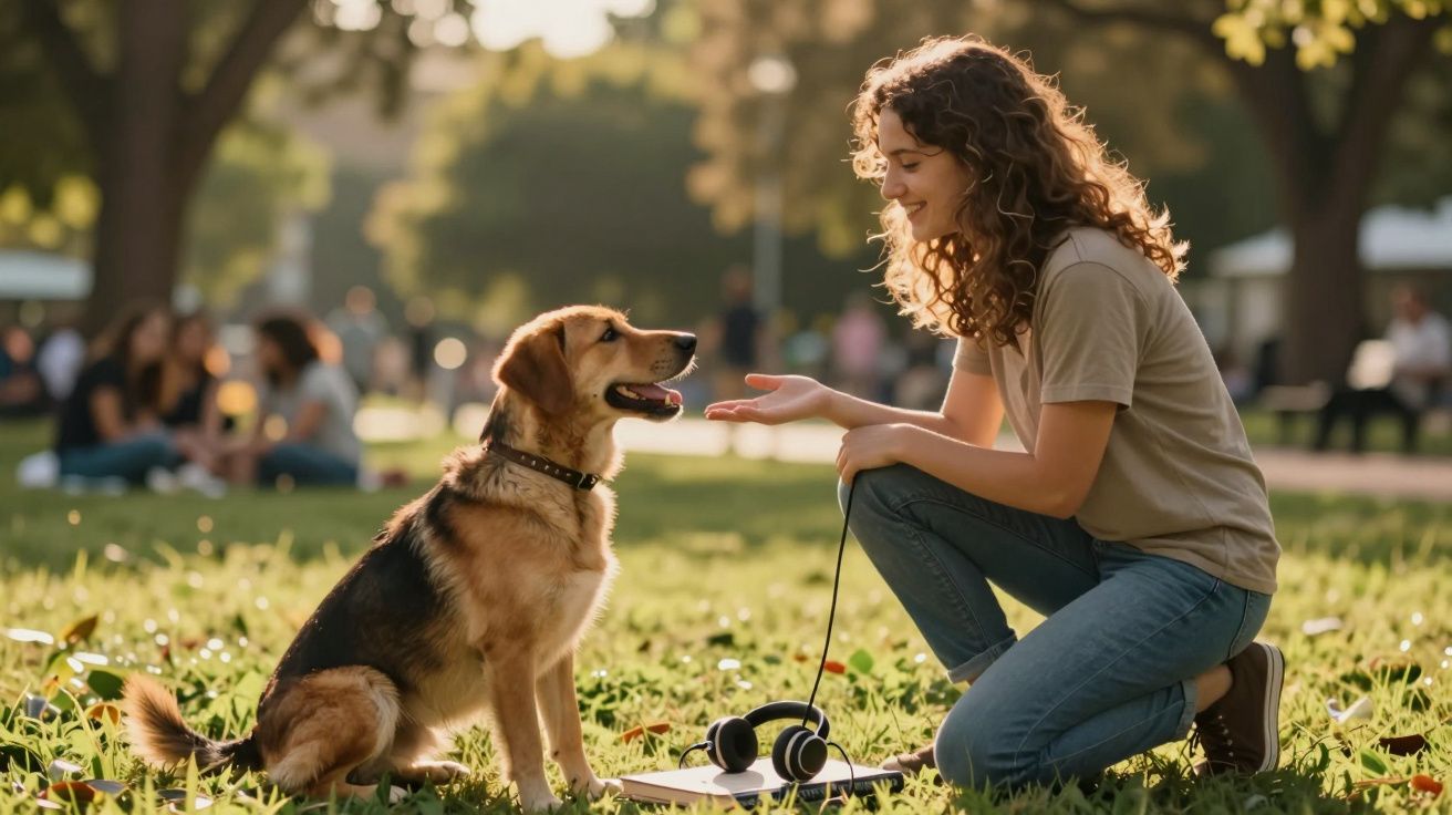 Mulher sorridente a interagir com cão sentado num parque ensolarado, com pessoas ao fundo.