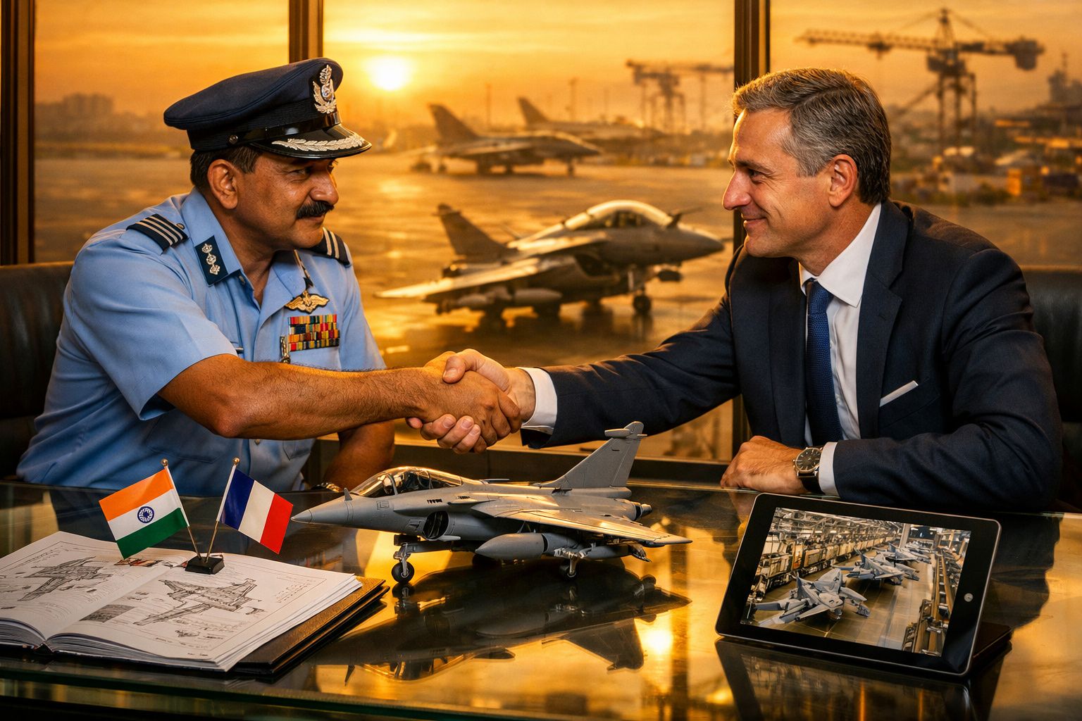 Militar indiano e executivo em fato cumprimentam-se com miniatura de avião militar e bandeiras da Índia e França numa mesa.