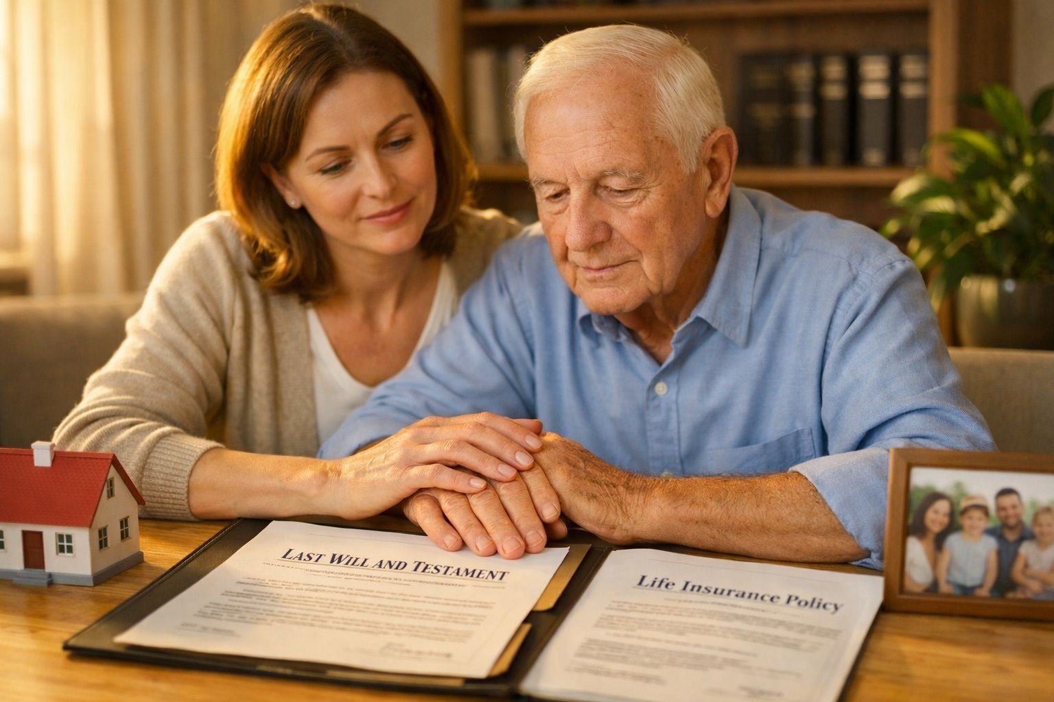 Mulher apoia mão sobre a de homem idoso enquanto lê testamento e apólice de seguro de vida.